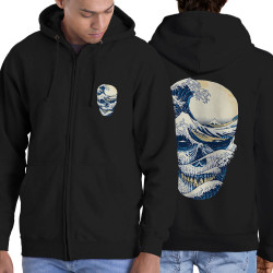 Sweat homme à capuche zippé noir Hokusai Wave Skull (Têtes de morts,Amazon,Hokusaï,Musée)