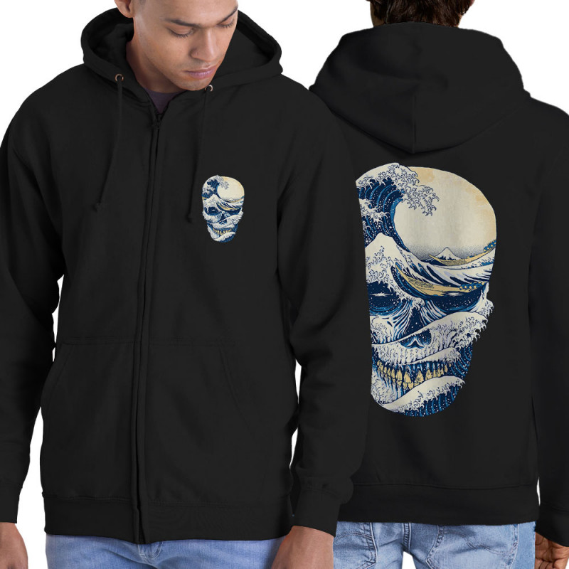 Sweat homme à capuche zippé noir Hokusai Wave Skull (Têtes de morts,Amazon,Hokusaï,Musée)