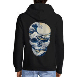 Sweat homme à capuche zippé noir Hokusai Wave Skull (Têtes de morts,Amazon,Hokusaï,Musée)