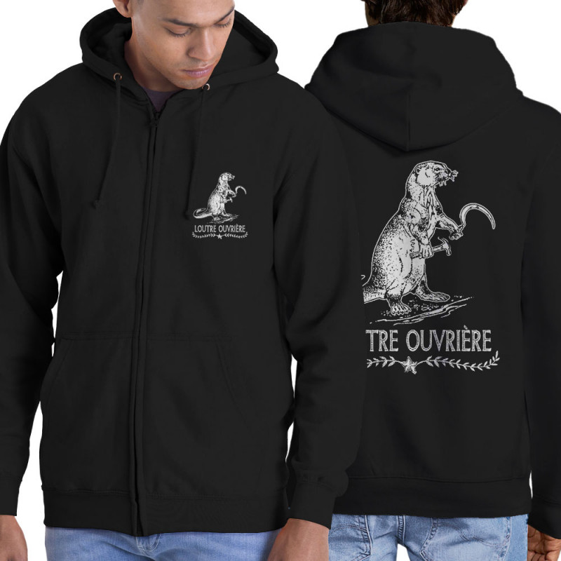 Sweat homme à capuche zippé noir Loutre Ouvrière (Gondrax,Les Bébêtes,Animaux,Humour)