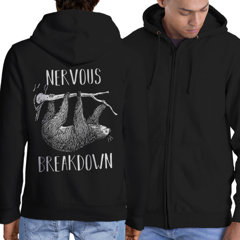 Sweat homme à capuche zippé noir Nervous Breakdown Paresseux (Gondrax,Les Bébêtes,Animaux,Paresse)
