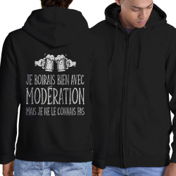 Sweat homme à capuche zippé noir Je boirais bien avec modération (Gondrax,Humour,Alcool)