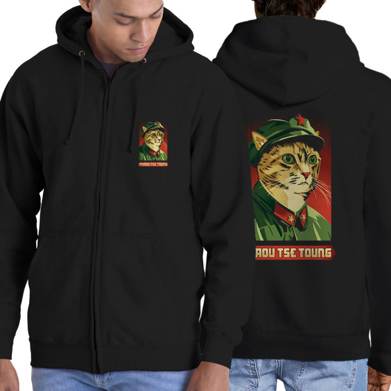 Sweat homme à capuche zippé noir Miaou Tse Toung (Animaux,Humour,Chats)