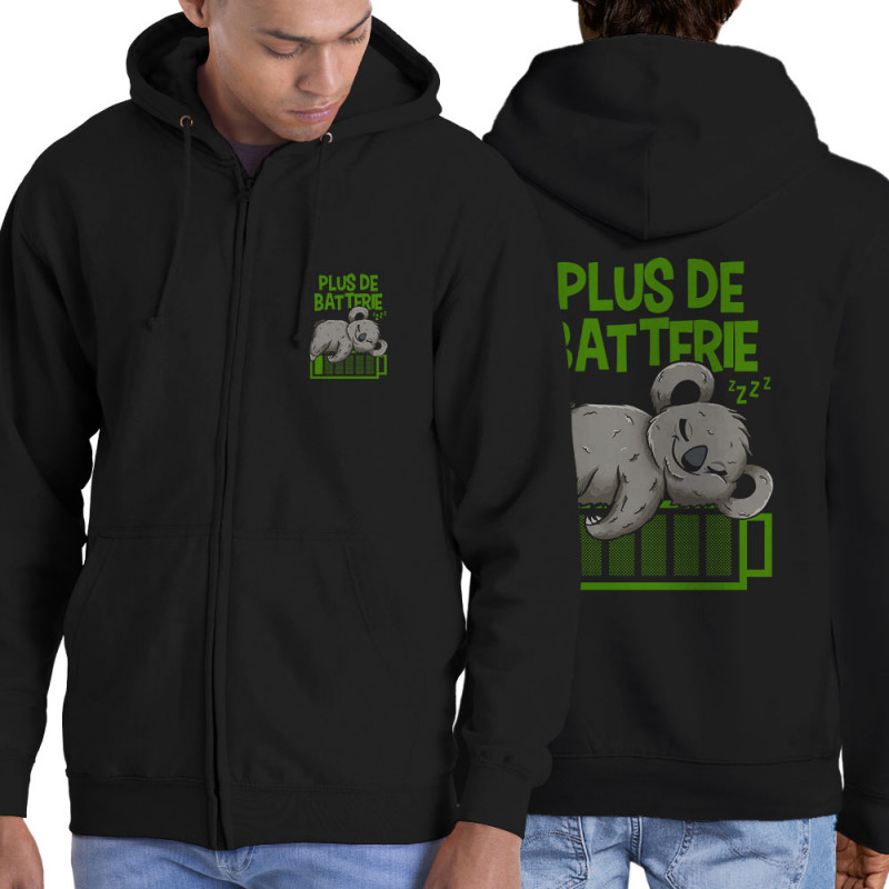 Sweat homme à capuche zippé noir Plus de batterie koala (Animaux,Humour,Manga Kawaï japan,Bébés,Paresse)