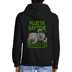 Sweat homme à capuche zippé noir Plus de batterie koala (Animaux,Humour,Manga Kawaï japan,Bébés,Paresse)