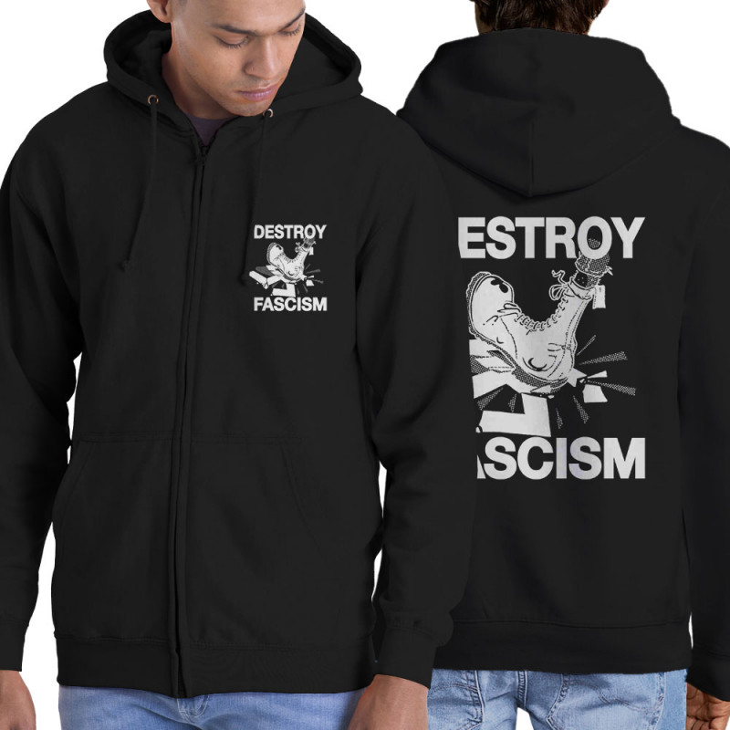 Sweat homme à capuche zippé noir Destroy Fascism (Slogans engagés)