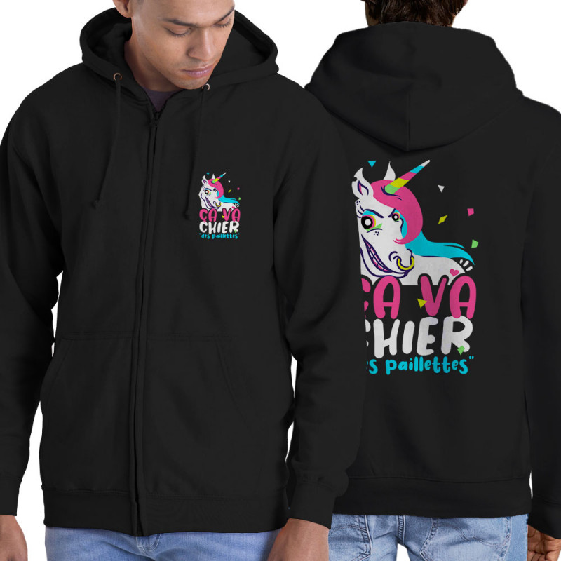 Sweat homme à capuche zippé noir Ca va chier des paillettes 2 (Zewa,Animaux,Humour)