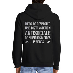 Sweat homme à capuche zippé noir Distanciation Antisociale (Gondrax,Slogans Débiles,Humour)