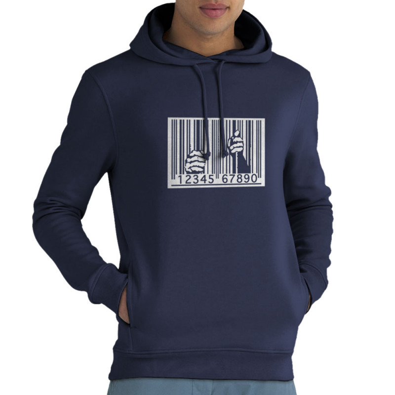 Sweat homme à capuche coton bio bleu marine Code barre prison (Slogans engagés)