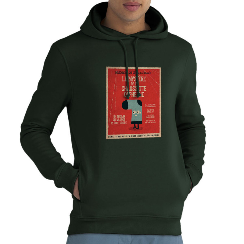 Sweat homme à capuche coton bio vert foncé Le mystère de la chaussette (Alex Kidd,Humour)