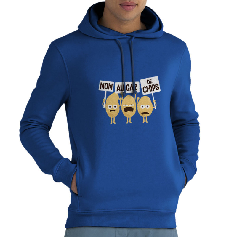 Sweat homme à capuche coton bio bleu royal Non au gaz de chips (Alex Kidd,Humour,Fruits & Légumes)