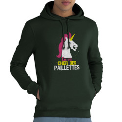 Sweat homme à capuche coton bio vert foncé Ca va chier des paillettes (Animaux,Humour,Amazon,Zewa)