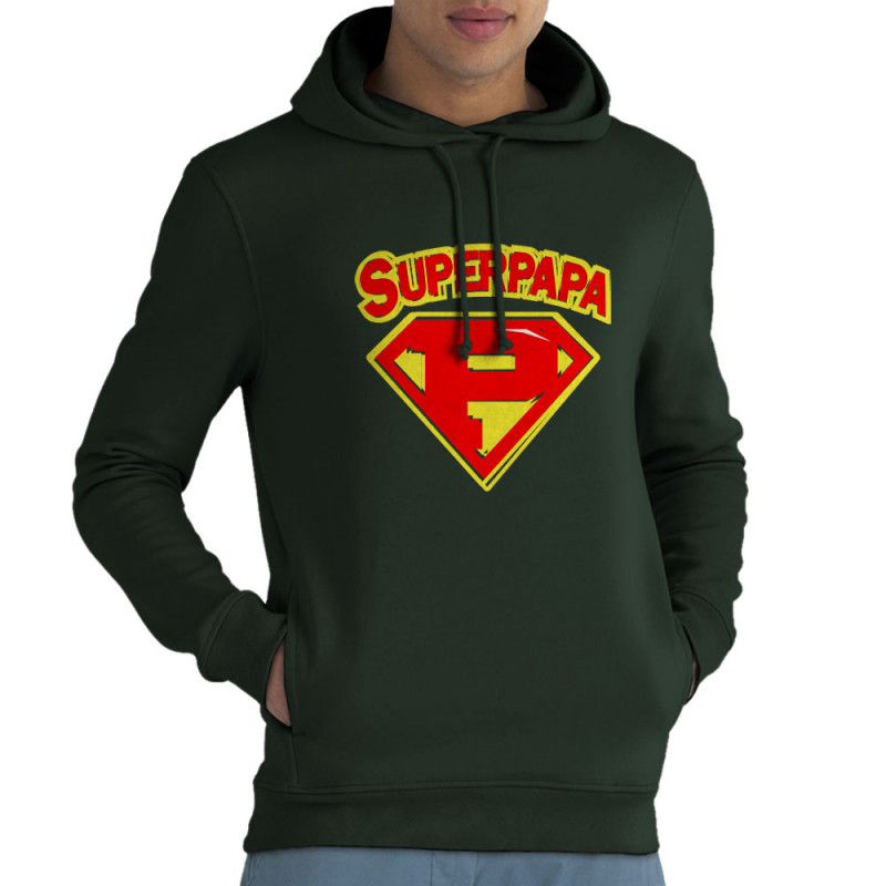 Sweat homme à capuche coton bio vert foncé Super Papa (Gondrax,Slogans Débiles,Humour,Fête des pères,Détournements,Papa Maman Pa