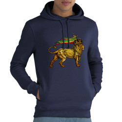 Sweat homme à capuche coton bio bleu marine Rasta Lion (Animaux,Reggae)