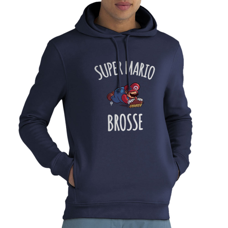 Sweat homme à capuche coton bio bleu marine Super Mario brosse (A²,Humour,Jeux Vidéo / Geek)