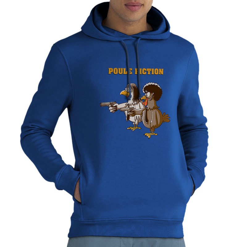 Sweat homme à capuche coton bio bleu royal Poule Fiction (Mr Mouton,Animaux,Films/Séries)