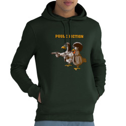 Sweat homme à capuche coton bio vert foncé Poule Fiction (Mr Mouton,Animaux,Films/Séries)