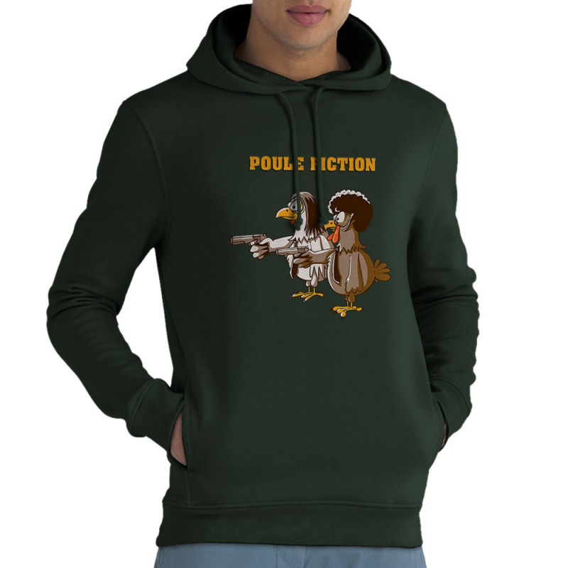 Sweat homme à capuche coton bio vert foncé Poule Fiction (Mr Mouton,Animaux,Films/Séries)