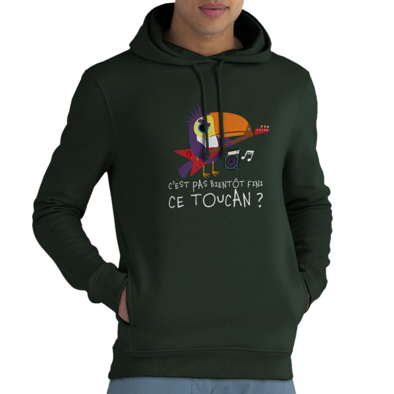 Sweat homme à capuche coton bio vert foncé Fini ce toucan (Andy,Animaux,Humour)