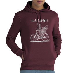 Sweat homme à capuche coton bio bordeaux Roule ma poule (Gondrax,Les Bébêtes,Animaux,Vélo)