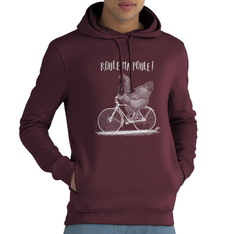 Sweat homme à capuche coton bio bordeaux Roule ma poule (Gondrax,Les Bébêtes,Animaux,Vélo)