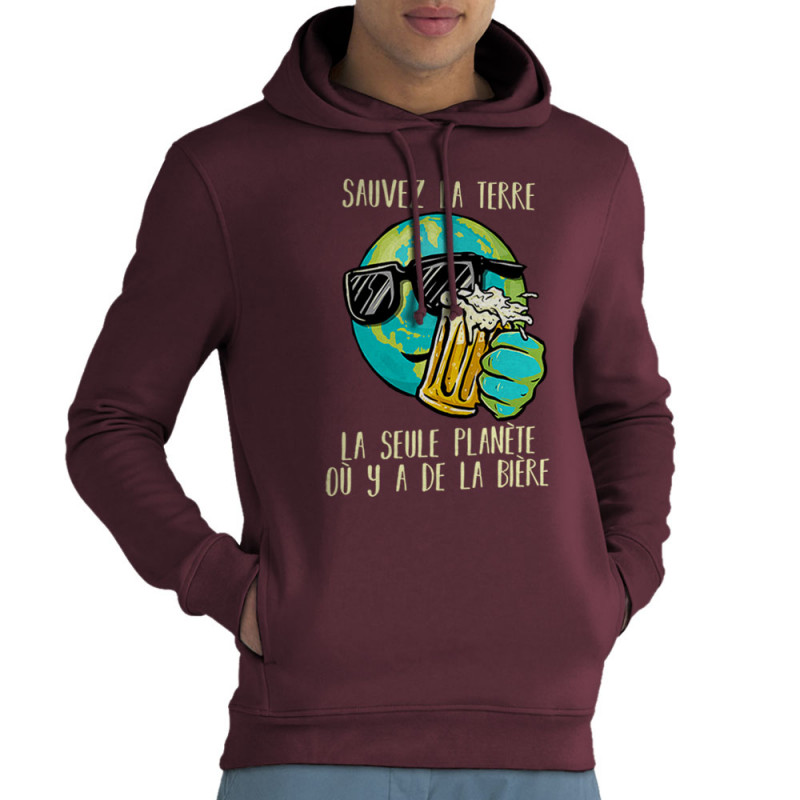 Sweat homme à capuche coton bio bordeaux Sauvez la terre Bière (Gondrax,Alcool,Ecologie,Humour)