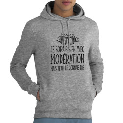 Sweat homme à capuche coton bio gris chiné Je boirais bien avec modération (Gondrax,Humour,Alcool)