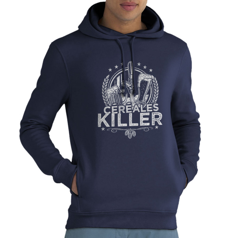 Sweat homme à capuche coton bio bleu marine Céréales Killer 2 (Gondrax,Alcool,Humour)