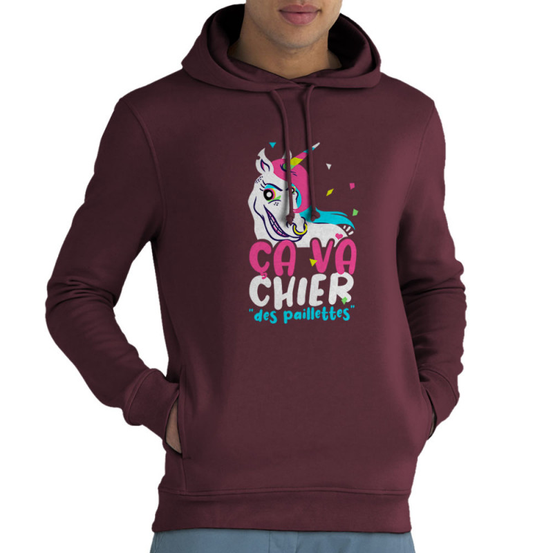 Sweat homme à capuche coton bio bordeaux Ca va chier des paillettes 2 (Zewa,Animaux,Humour)