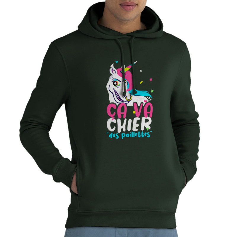 Sweat homme à capuche coton bio vert foncé Ca va chier des paillettes 2 (Zewa,Animaux,Humour)