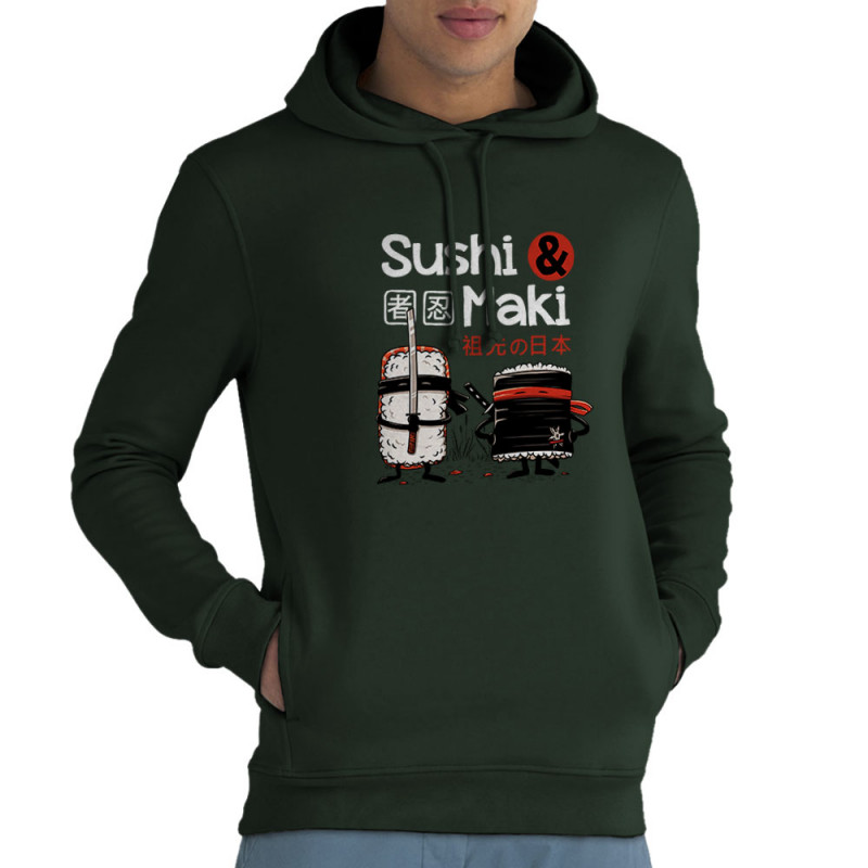 Sweat homme à capuche coton bio vert foncé Sushi et Maki (Le Duc,Fruits & Légumes,Humour,Manga Kawaï japan)