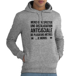 Sweat homme à capuche coton bio gris chiné Distanciation Antisociale (Gondrax,Slogans Débiles,Humour)