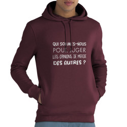 Sweat homme à capuche coton bio bordeaux Qui sommes-nous (Gondrax,Slogans Débiles,Humour)