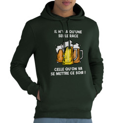 Sweat homme à capuche coton bio vert foncé Une seule race (Gondrax,Alcool,Slogans Débiles)