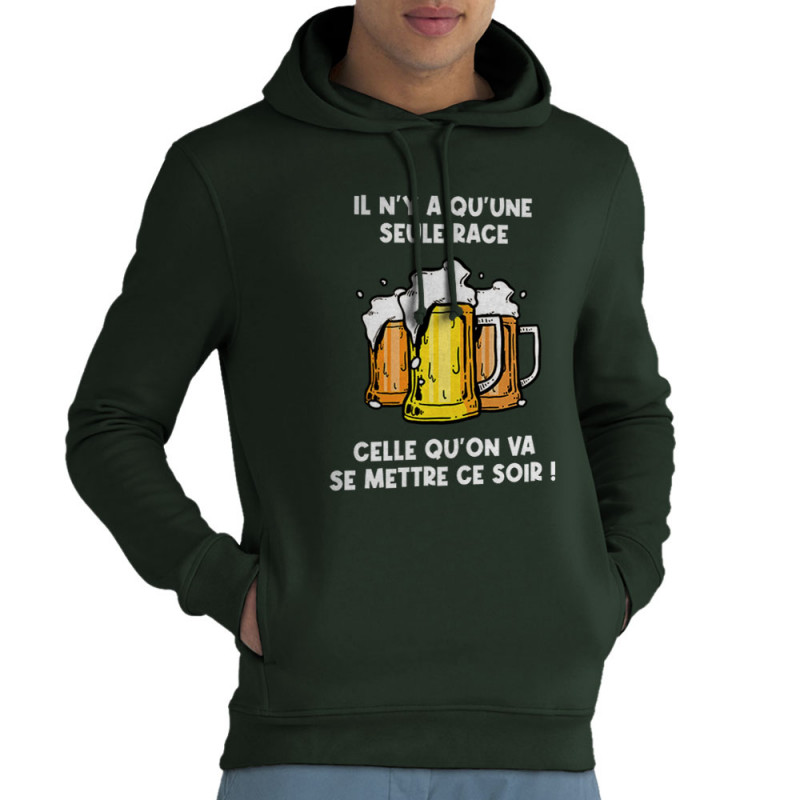 Sweat homme à capuche coton bio vert foncé Une seule race (Gondrax,Alcool,Slogans Débiles)