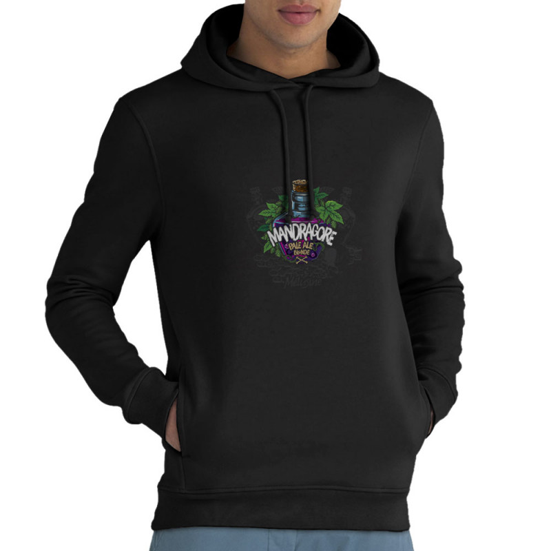 Sweat homme à capuche coton bio noir Mandragore (Mélusine,Alcool)