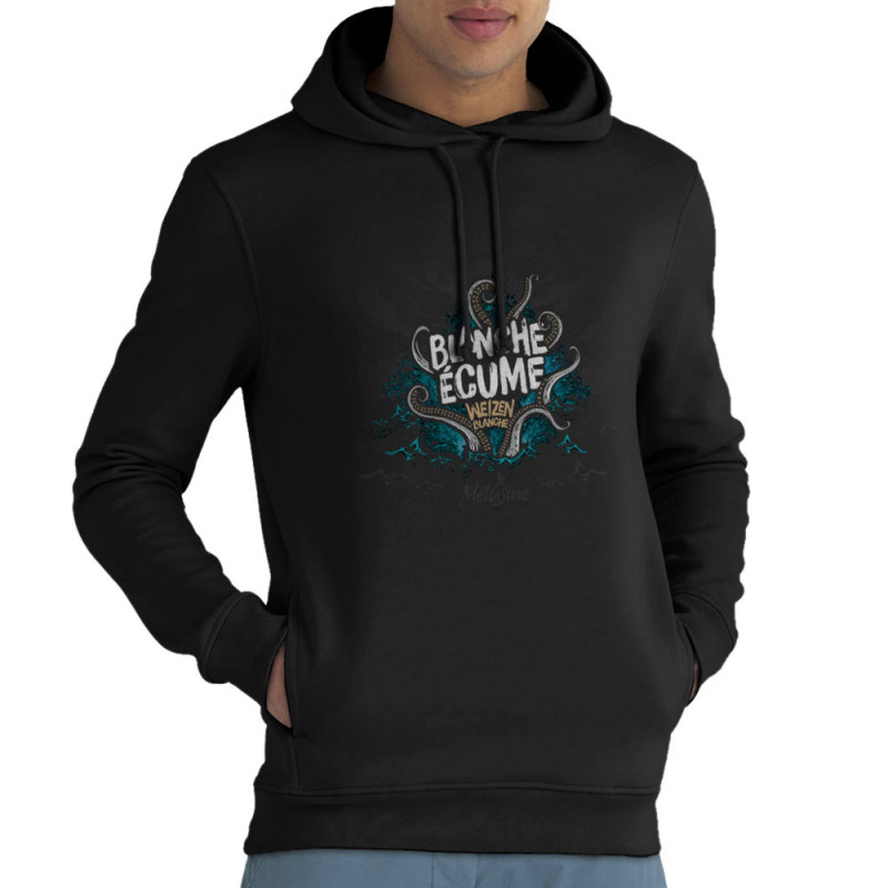 Sweat homme à capuche coton bio noir Blanche Ecume (Mélusine,Alcool)