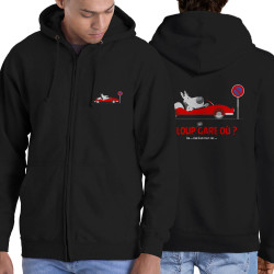 Sweat homme à capuche zippé noir Le Loup se gare où (Pandaluna,Animaux,Humour)