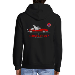 Sweat homme à capuche zippé noir Le Loup se gare où (Pandaluna,Animaux,Humour)