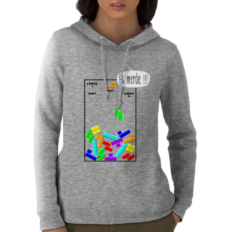 Sweat femme à capuche coton bio gris chiné Tetris Et Merde (Franck,Humour,Jeux Vidéo / Geek)