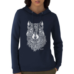 Sweat femme à capuche coton bio bleu marine Bad River - The Wolf (Taïry Greene,Bad River,Animaux)