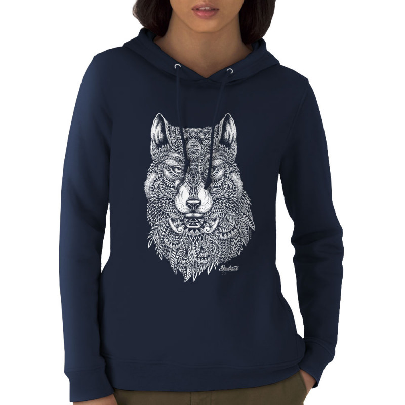 Sweat femme à capuche coton bio bleu marine Bad River - The Wolf (Taïry Greene,Bad River,Animaux)