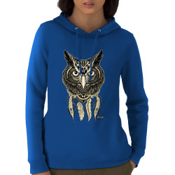 Sweat femme à capuche coton bio bleu royal Bad River - Little Owl (Bad River,Animaux,Ethnique)