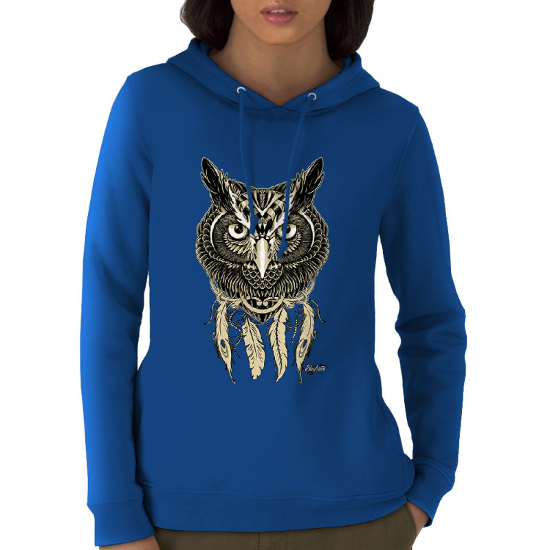 Sweat femme à capuche coton bio bleu royal Bad River - Little Owl (Bad River,Animaux,Ethnique)