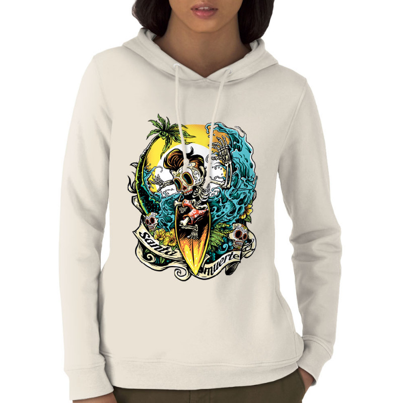 Sweat femme à capuche coton bio naturel Santa Muerte - Surfin Skull (Santa Muerte,Têtes de morts,Skate)