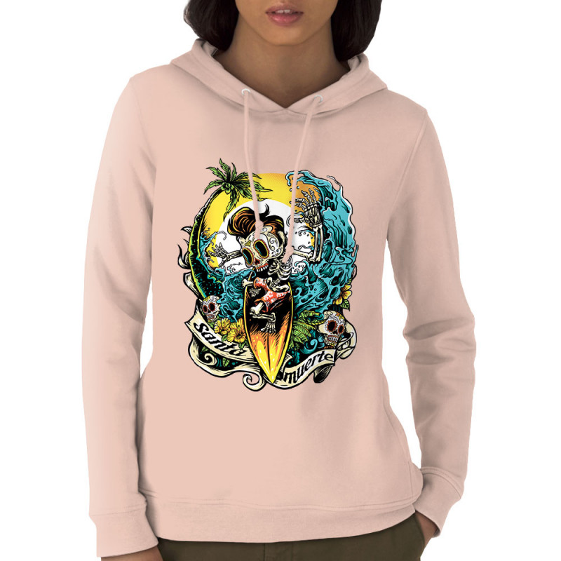 Sweat femme à capuche coton bio rose clair Santa Muerte - Surfin Skull (Santa Muerte,Têtes de morts,Skate)