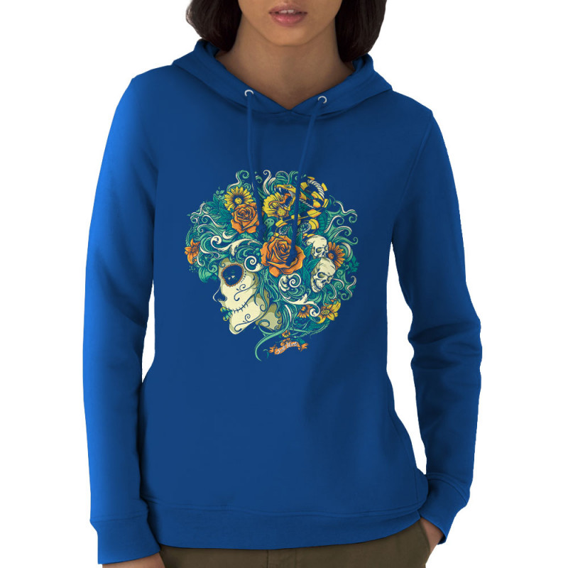 Sweat femme à capuche coton bio bleu royal Santa Muerte - Flourish Dead Girl (Santa Muerte,Têtes de morts)