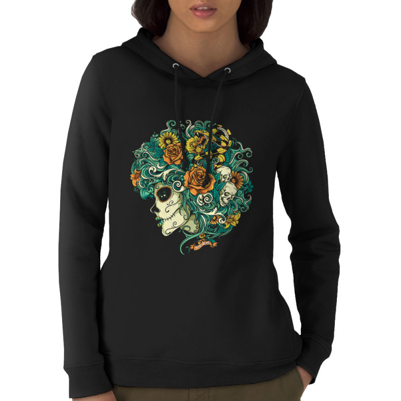 Sweat femme à capuche coton bio noir Santa Muerte - Flourish Dead Girl (Santa Muerte,Têtes de morts)