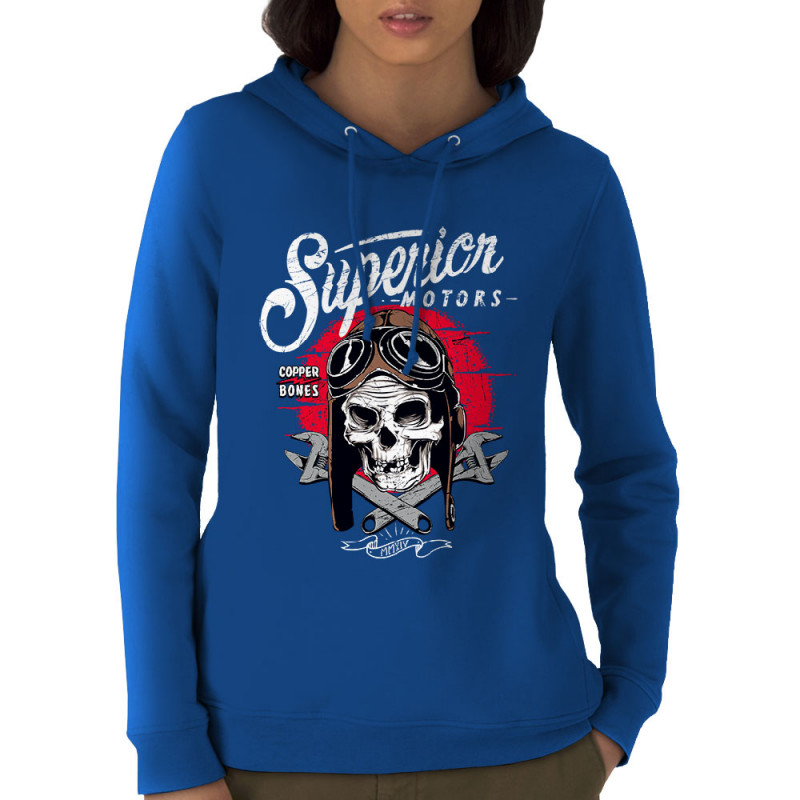 Sweat femme à capuche coton bio bleu royal Copper Bones - Superior Motors (Copper Bones,Moto,Têtes de morts)