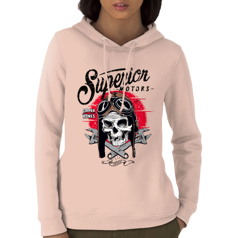 Sweat femme à capuche coton bio rose clair Copper Bones - Superior Motors (Copper Bones,Moto,Têtes de morts)